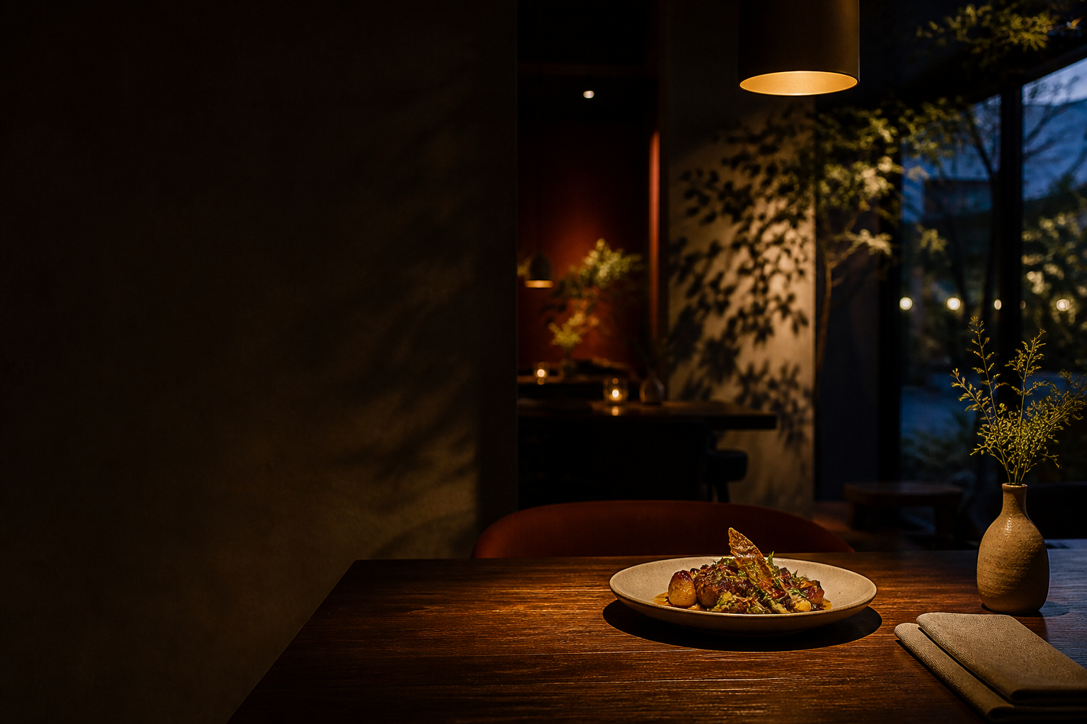 Warm restaurant interior with a plated dish