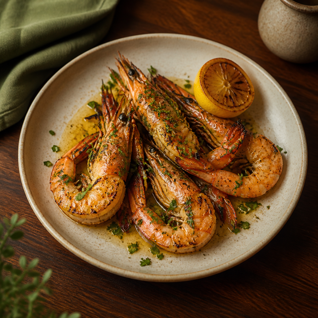 Charred prawns with lemon and herbs